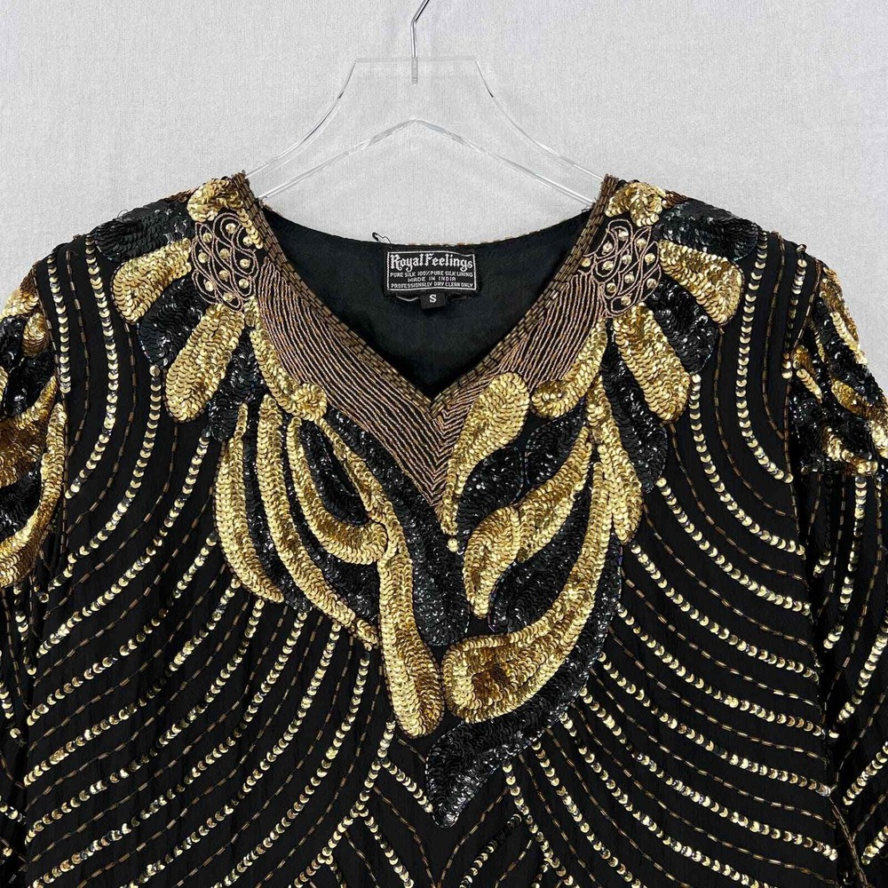 VINTAGE 80s Sequin Top Women Small Black Gold Beaded Silk Party Blouse Disco - Picture 4 of 16
